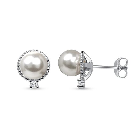 New Silver 925 Braided Pearl Stud Cubic Zirconia Earring